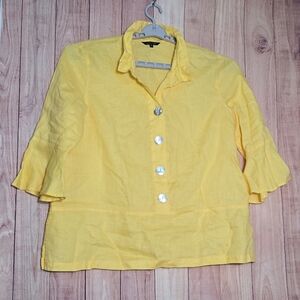 John Marks Yellow Linen  Button Front Tunic Top Wide Bell Sleeve Sz Large